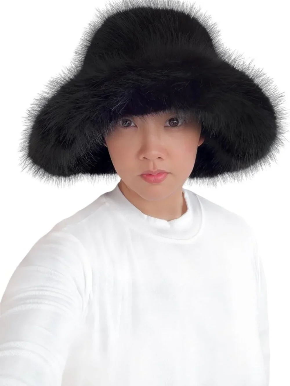 Oversized Winter Faux Fur Bucket Hat for Women - Long Pile, Wide Brim, Cozy